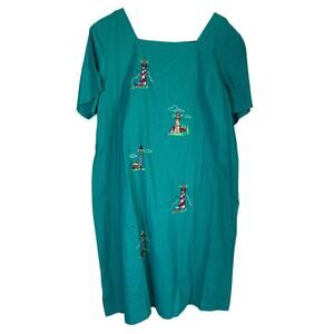 Vintage Shapeless Embroidered Lighthouses Linen House Dress 1X Oversized Coastal